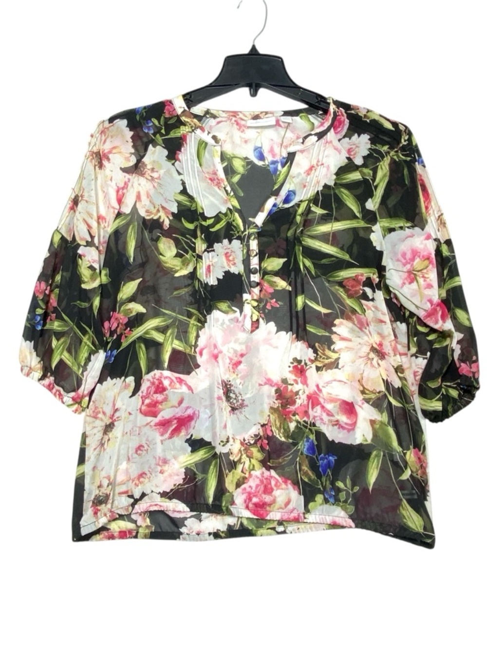 New York & Co Floral Sheer Blouse Women's M Henley V Neck 3/4 Sleeve Pleated